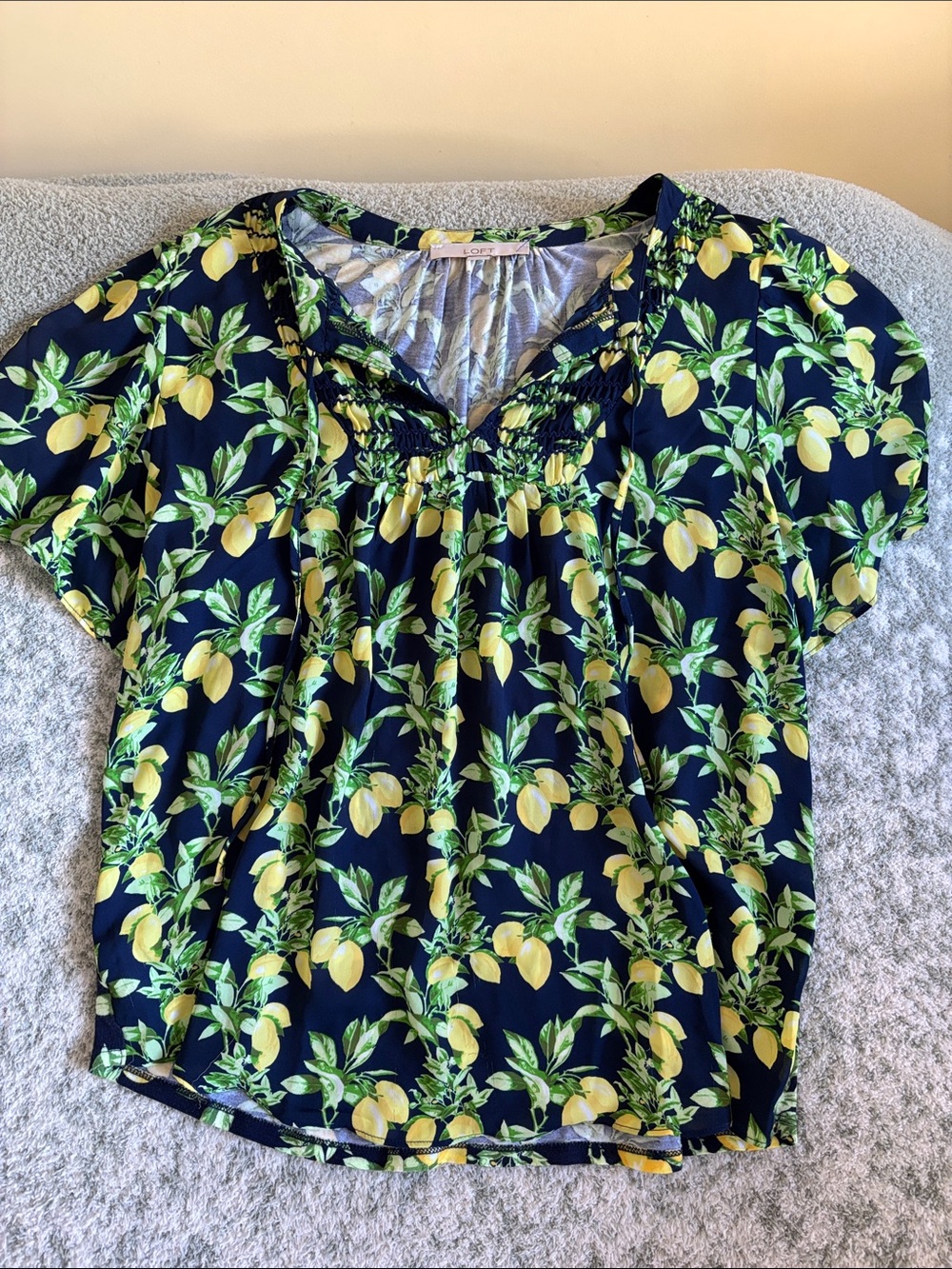 Loft Lemon Print Short Sleeve Blouse Navy RS size Large